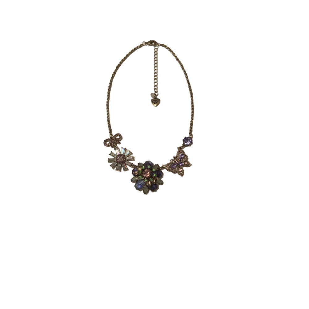 Betsey Johnson Gold Tone Purple Pink Green Statement Necklace Surreal Forest